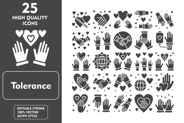 Tolerance Glyph Icon Set. Incleded Icons Love, Unity, World, Volunteer, Tolerance, Teamwork, Together, Empathy, Heart. Vector Icons Collection