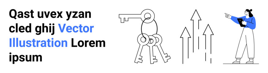 Woman holding a clipboard points at upward arrows symbolizing growth and strategies next to a keychain. Ideal for business, leadership, planning, success, marketing, opportunities, simple landing