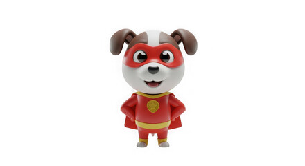 Naklejka premium Cute 3D dog in a red superhero outfit standing confidently. Suitable for superhero-themed designs and kids’ animations.