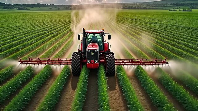 Agricultural tractor spraying cultivated field, enhancing plant growth and yield