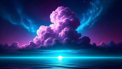 Obraz premium Surreal cosmic night sky with glowing celestial clouds and radiant water reflections