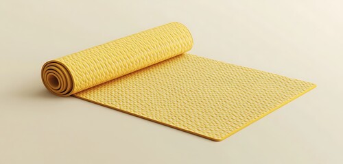 Glossy yellow yoga mat with subtle patterns placed on a neutral beige background