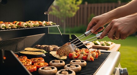 Hands flipping various vegetables and skewers on a modern gas grill, perfect for summer entertaining, healthy cooking, and outdoor living