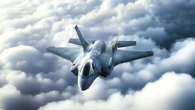 A Lockheed Martin F- Lightning fighter jet executing a sharp turn at high altitude, with thick clouds swirling beneath its grey, angular frame.