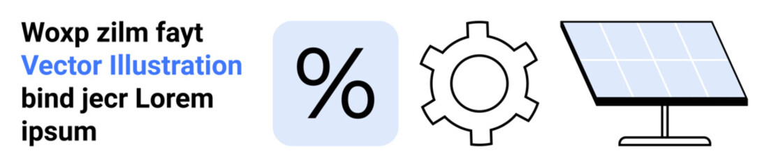 Percentage symbol, gear, and solar panel as abstract visual elements for renewable energy, sustainability, data analysis, clean technology, innovation, system settings, green energy and a simple