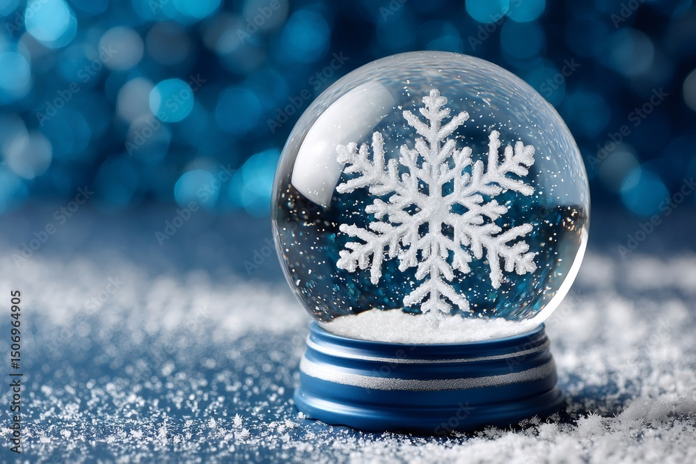 Poster snow globe showing snowflake on sparkling blue background symbolizing winter holidays