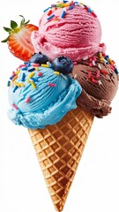 Triple scoop ice cream cone with sprinkles and berries isolated on white background
