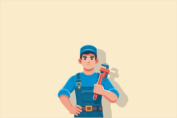 Vector Illustration Male Plumber Holding Pipe Wrench.