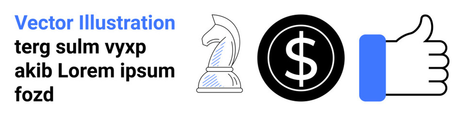 Chess knight, black dollar coin, and thumbs-up gesture symbolizing strategic thinking, financial focus, and positive approval. Ideal for business, planning, investment, decision-making marketing