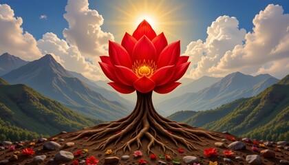 an artistic representation of the root chakra (muladhara) as a red lotus with four petals, grounded in nature, with mountains and earth elements.