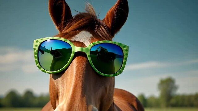 Funny hourse celebrating with happy birthday sunglasses on a green background