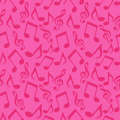 Seamless music pattern with notes and treble clefs on a bright pink background. Ideal for backgrounds, wallpapers, packaging and music themes.