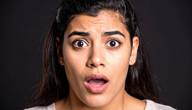 close up retrato de la cara de una mujer joven con expresion de sorpresa o miedo aislado sobre fondo negro