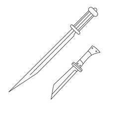 Black outline drawing of two historical seax swords, including a long seax and a shorter broken-back seax. Ideal for coloring books, educational materials, or medieval weapon design