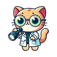 Cartoon Cat Scientist In Lab Coat And Glasses Holding Telescope On White Background