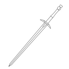 Black outline longsword illustration with elegant curved hilt. Hand drawn medieval weapon design for coloring pages, fantasy decor or historical projects