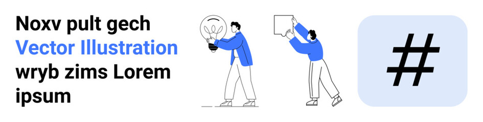 Two individuals collaborate on innovative ideas, presenting a bulb and a speech bubble, with a metadata tag beside. Ideal for teamwork, innovation, creativity, branding, social media, collaboration