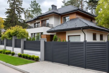 Modern two story house with stylish fencing
