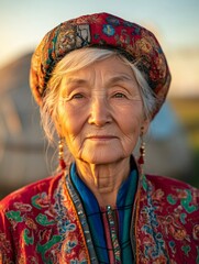 Obraz premium Elderly kazakh woman wearing traditional clothing and headwear posing outdoors