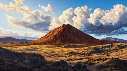 Fototapeta premium Majestic volcanic landscape with rugged terrain under a dramatic sky during sunset in a remote region