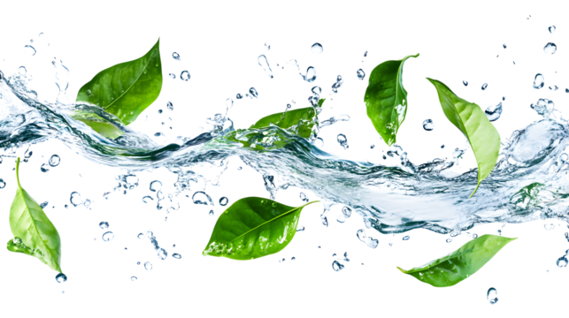 Fresh green leaves with water splash isolated on a white background