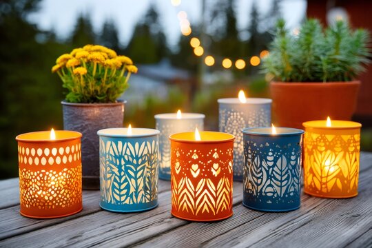 Burning candles illuminating festive summer evening in garden
