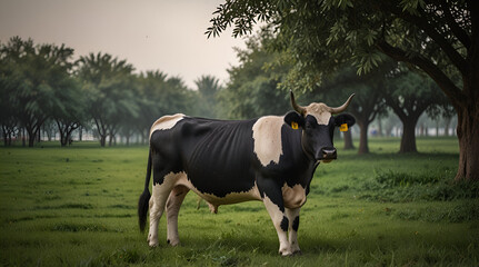 Eid al-Adha Qurban Animals – cow with black and white shape and healthy on green grass Background,generative.ai