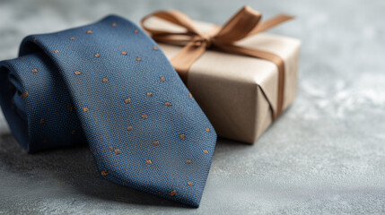 父の日に贈るネイビードット柄ネクタイとギフトボックス | グレー背景