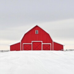 Snow-covered fields enhance the charm of the red barn in this tranquil setting.