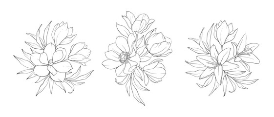 Set of Elegant floral line art bouquet composition. Hand drawn minimalist flowers and leaves in delicate style for prints, wall art, wedding invitations, greeting cards. Vector delicate illustration
