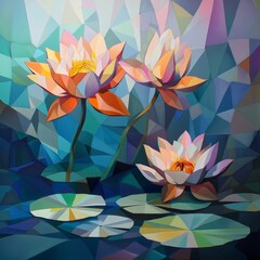 Geometric Art of Water Lilies in Colors of Nature's Palette