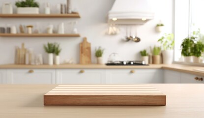 Fototapeta premium Wooden cutting board on a kitchen counter with modern, bright decor and plants in the background.