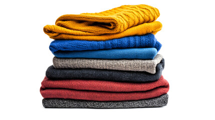 Stack of colorful knit sweaters isolated on a white background