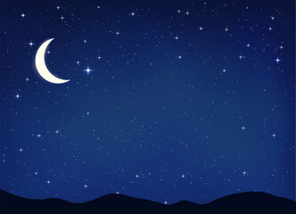 white moon on clear, starry night with bright, twinkling stars against a rich dark blue sky background