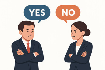 Business negotiation breakdown disagreement conflict. Professional dispute corporate communication failure deadlock. Man woman opposing views yes no decision making standoff concept