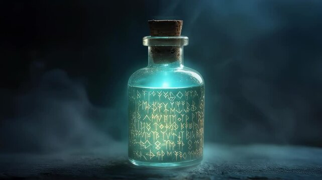 Enchanted Potion: Mystical Glass Bottle with Glowing Runes