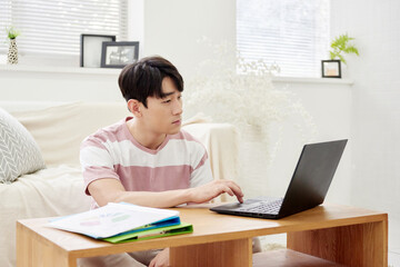 Young Asian Man Working on Laptop with Documents in Bright Modern Living Room