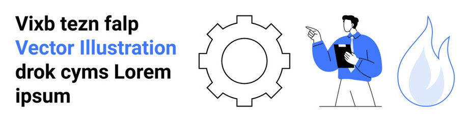 Male professional holding a clipboard, gear as process symbol, minimalist flame icon. Ideal for teamwork, project management, innovation, technical processes, energy, success simple landing page