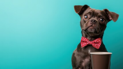 A playful brown pug wearing a red polka dot bow tie gazes curiously next to a coffee cup against a teal backdrop, embodying charm and the innocence of pet companionship.
