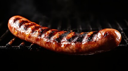 A beautifully grilled sausage rests on a barbecue grill, showcasing its glistening surface and char marks, promising a delicious taste for meat lovers and barbecue enthusiasts alike.