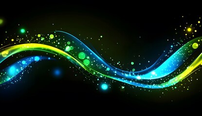 Abstract glowing green and blue waves on a dark background with bokeh lights, representing an energy flow