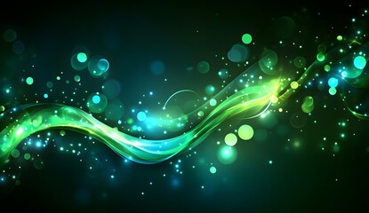 Abstract glowing green and blue waves on a dark background with bokeh lights, representing an energy flow