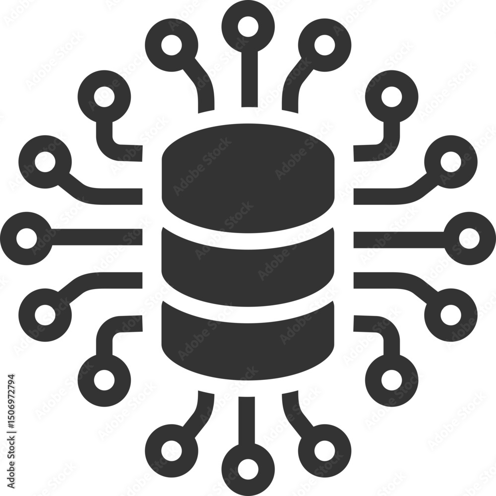 Poster conceptual graphic of a database server connected via a chip circuit. symbolizes data, technology, a