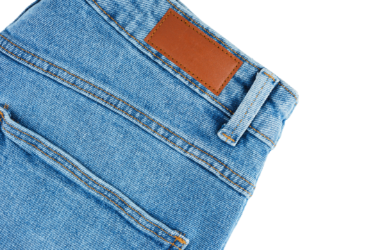 Back side pocket and waistband detail from casual wear design of blue jeans pants closeup, isolated on white, transparent background. Fashion concept, shopping, sale. Design detail, element of clothes