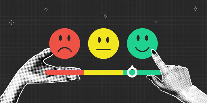 Collage banner of feedback emoji with halftone hands. Customer satisfaction rating scale using emoticons, where cut out collage halftone hand points to the desired rating. Vector.