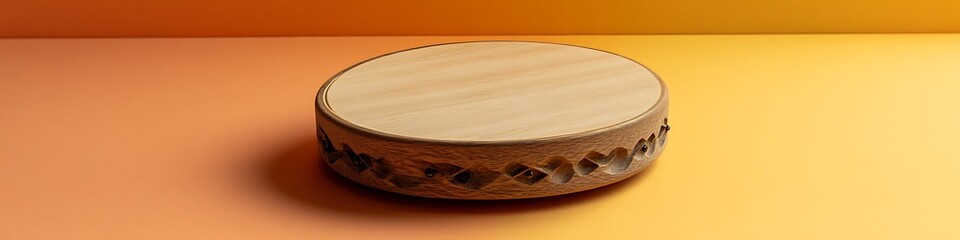 Handcrafted ash tambourine placed on a warm gradient of pale orange and yellow