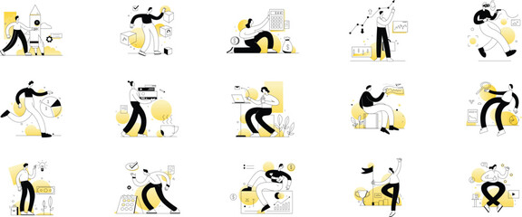 Bundle of yellow linear concepts with people scene in flat cartoon design. A big collection of scenes with men and women in various situations on a white background. Vector illustration.