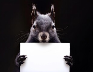 an squirrel holding blank card or poster , closeup view of animal pet face portrait and empty blank