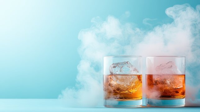 Two glasses filled with amber whiskey, large ice cubes, and wisps of smoke create an inviting and sophisticated atmosphere, perfect for evening relaxation or celebration.