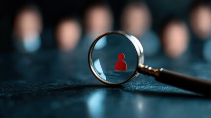 An intricate image depicting a magnifying glass zooming in on a red figure icon, symbolizing search, focus, and the pursuit of knowledge or understanding.
